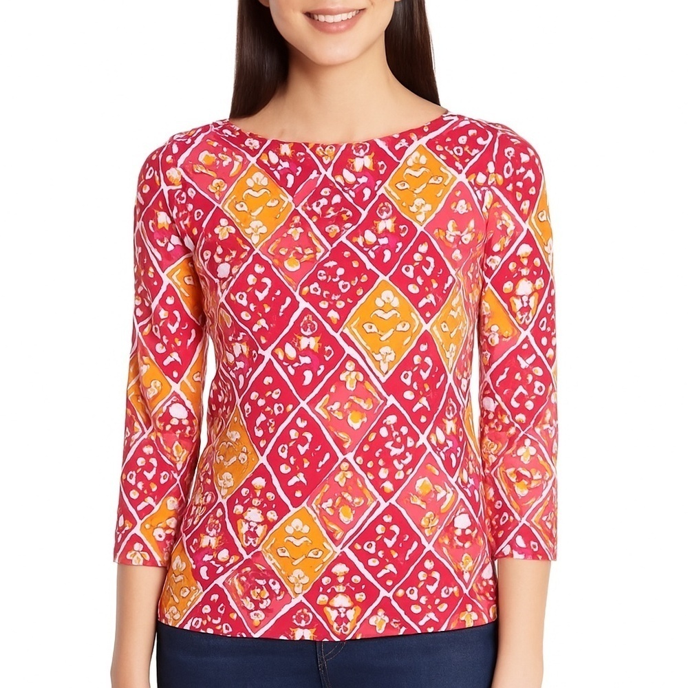 J. McLaughlin Catalina Cloth Pink Orange Floral Diamond Print Top Size XS